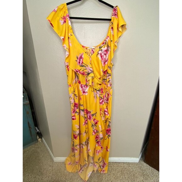 Indulgence Yellow Floral Ruffle Maxi Dress 3X Womens 100% Polyester Summer Style - Picture 2 of 7